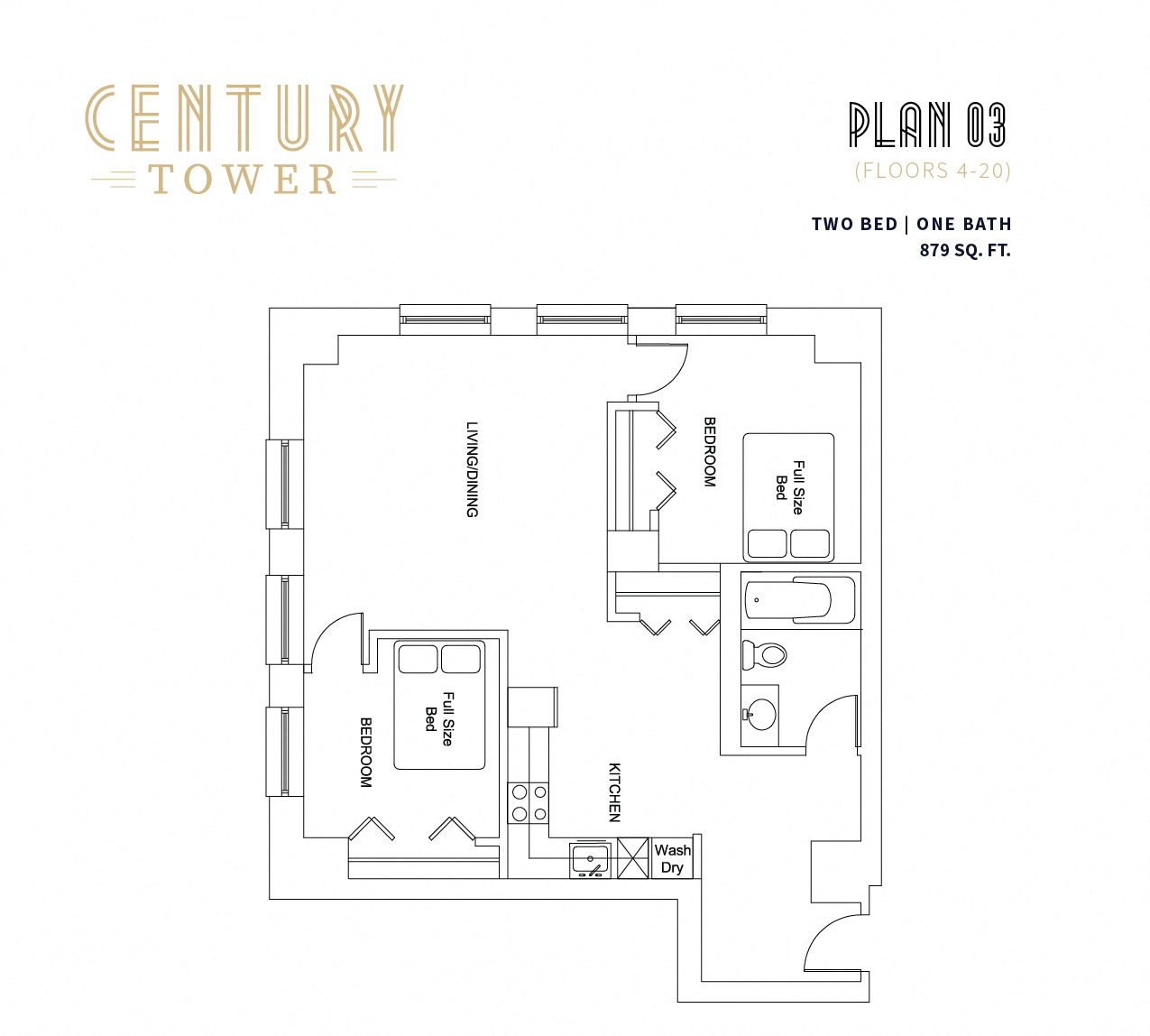 Floor plan for 2 beds, 1 bath, 879 sqft